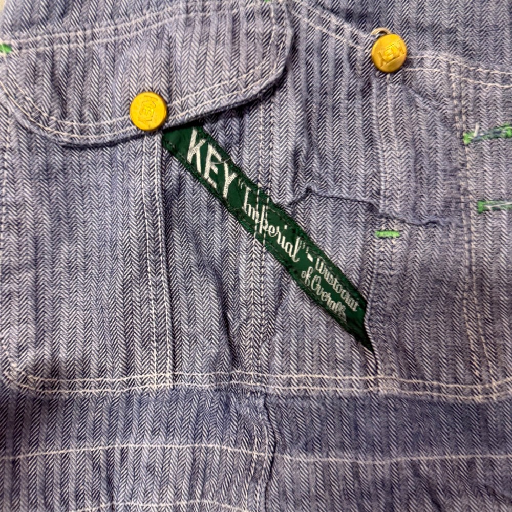 Vintage Key Imperial Hickory Stripe Denim Bib Overall Dress Raw Hem Blue White - Picture 3 of 5